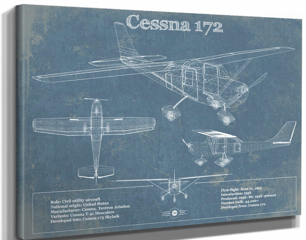 14" x 11" / Stretched Canvas Wrap Cutler West Cessna 172 Original Blueprint Art