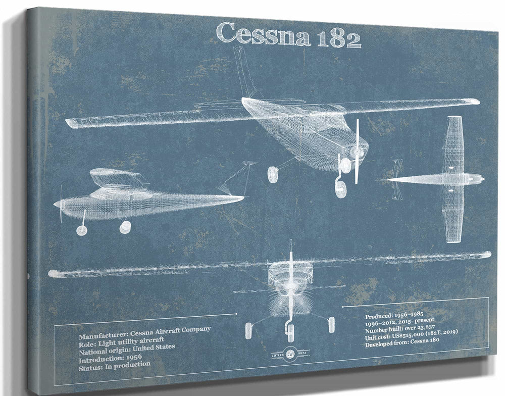 14" x 11" / Stretched Canvas Wrap Cutler West Cessna 182 Original Blueprint Art