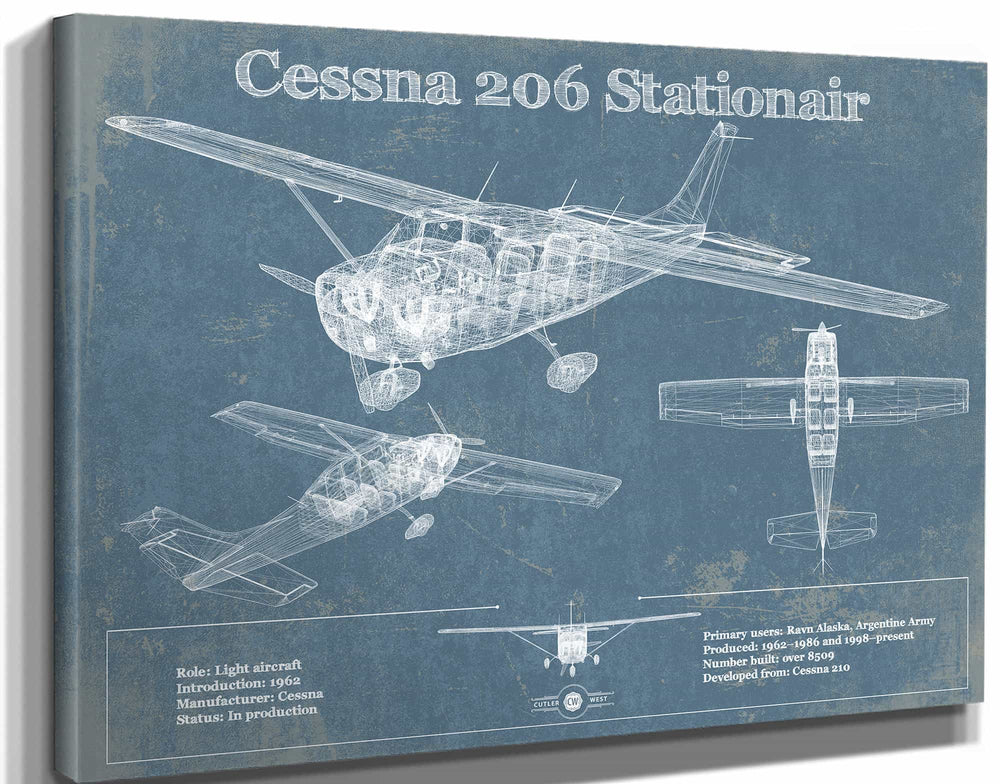 14" x 11" / Stretched Canvas Wrap Cutler West Cessna 206 Stationair Vintage Blueprint Airplane Print
