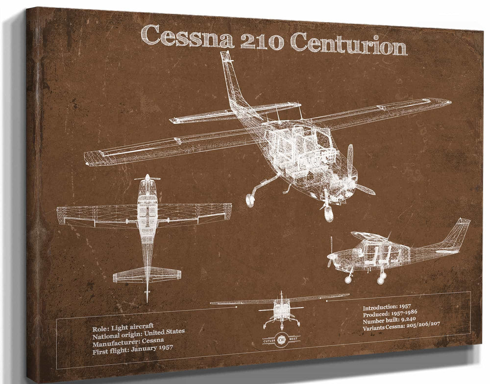 14" x 11" / Stretched Canvas Wrap Cutler West Cessna 210 Centurion Original Blueprint Art