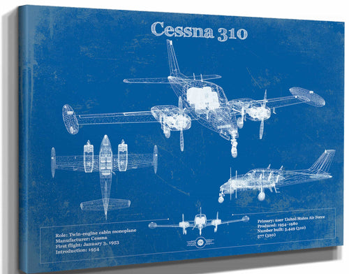 14" x 11" / Stretched Canvas Wrap Cutler West Cessna 310D V06 Original Blueprint Art