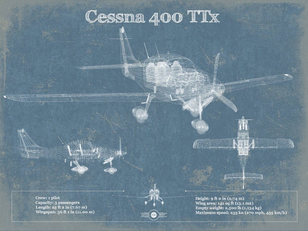 14" x 11" / Stretched Canvas Wrap Cutler West Cessna 400 TTX Original Blueprint Art