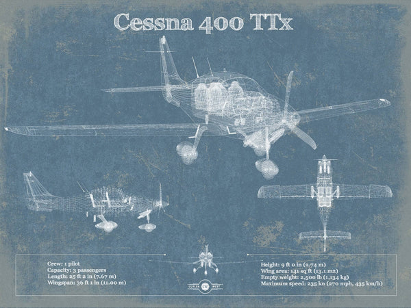 14" x 11" / Unframed Cutler West Cessna 400 TTX Original Blueprint Art
