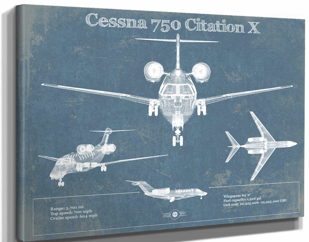 14" x 11" / Stretched Canvas Wrap Cutler West Cessna 750 Citation X Original Blueprint Art