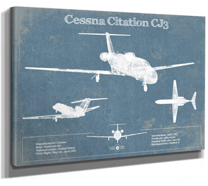 14" x 11" / Stretched Canvas Wrap Cutler West Cessna Citation CJ3 Original Blueprint Art