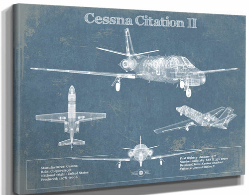 14" x 11" / Stretched Canvas Wrap Cutler West Cessna Citation CJ4 Vintage Blueprint Airplane Print