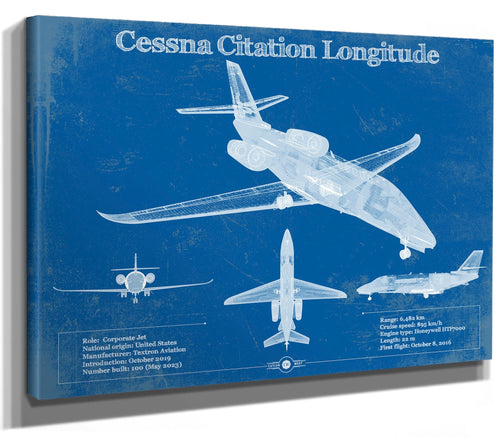 14" x 11" / Stretched Canvas Wrap Cutler West Cessna Citation Longitude Original Blueprint Art