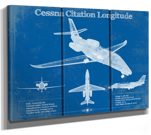 36" x 24" / 3 Panel Canvas Wrap Cutler West Cessna Citation Longitude Original Blueprint Art