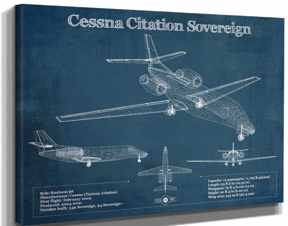 14" x 11" / Stretched Canvas Wrap Cutler West Cessna Citation Sovereign Original Blueprint Art