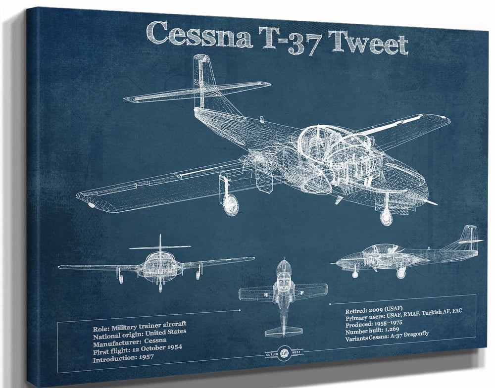14" x 11" / Stretched Canvas Wrap Cutler West Cessna T-37 Tweet Trainer Aircraft Original Blueprint Art