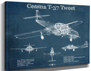 14" x 11" / Stretched Canvas Wrap Cutler West Cessna T-37 Tweet Trainer Aircraft Original Blueprint Art