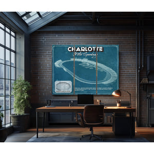 Charlotte Motor Raceway NASCAR Race Track Print as a 3 panel canvas wrap in an industrial loft office