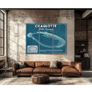 Charlotte Motor Raceway NASCAR Race Track Print as a 3 panel canvas wrap above a leather sofa