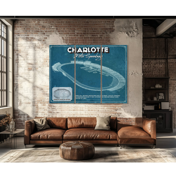 Charlotte Motor Raceway NASCAR Race Track Print as a 3 panel canvas wrap above a leather sofa