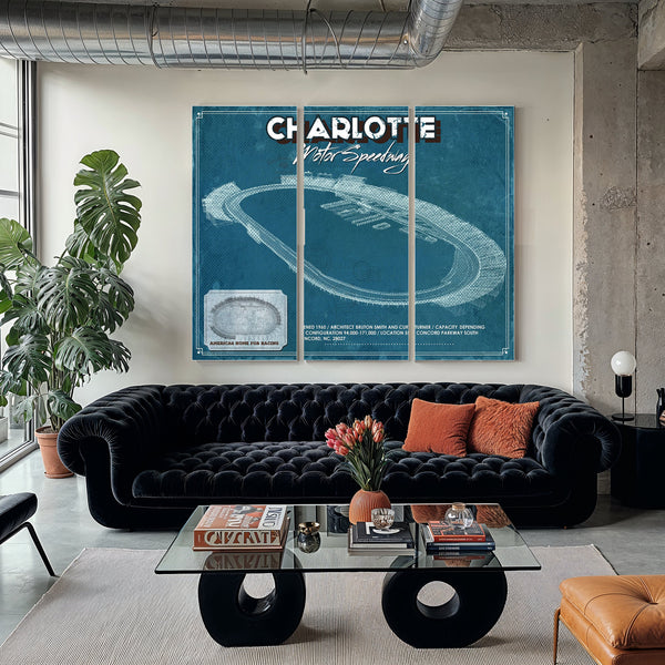 Charlotte Motor Raceway NASCAR Race Track Print as a 3 panel canvas wrap in a modern living room