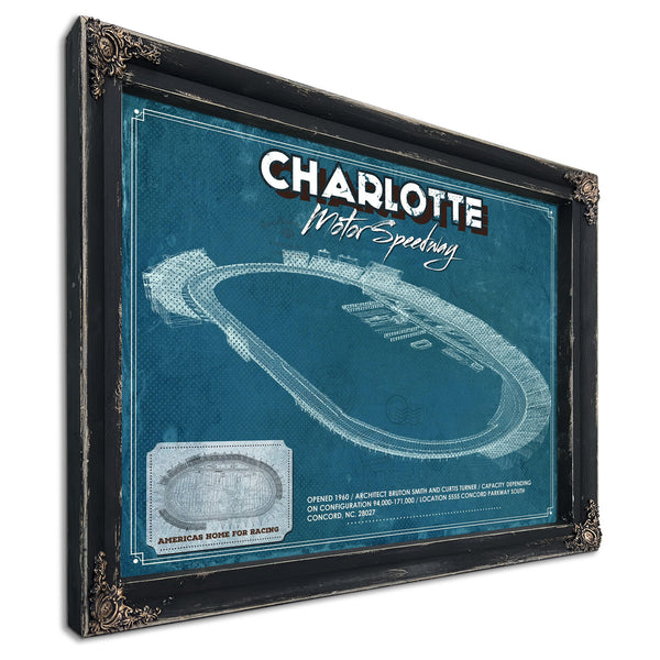 Charlotte Motor Raceway NASCAR Race Track Print in a distressed Vintage Black wood frame with ornate corners