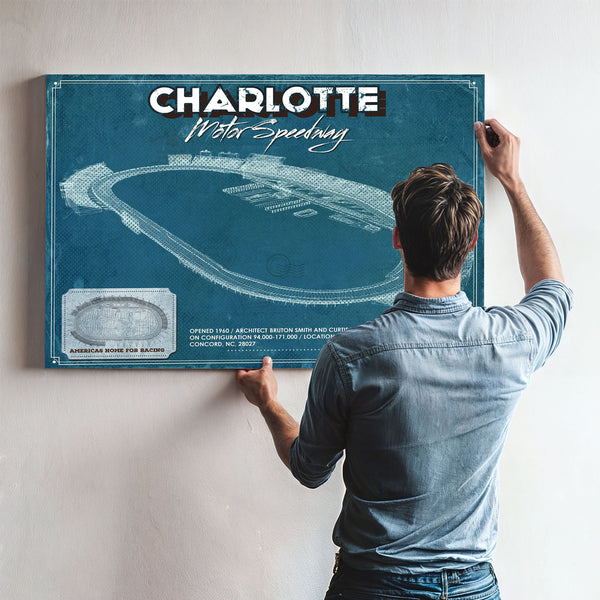 Charlotte Motor Raceway NASCAR Race Track Print framed in Vintage Black above a mid-century record console