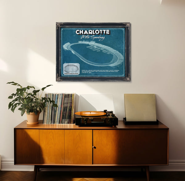 Charlotte Motor Raceway NASCAR Race Track Print framed in Vintage Black in a loft bedroom