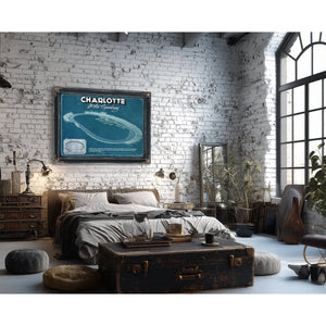 Charlotte Motor Raceway NASCAR Race Track Print framed in Vintage Black in a farmhouse entryway