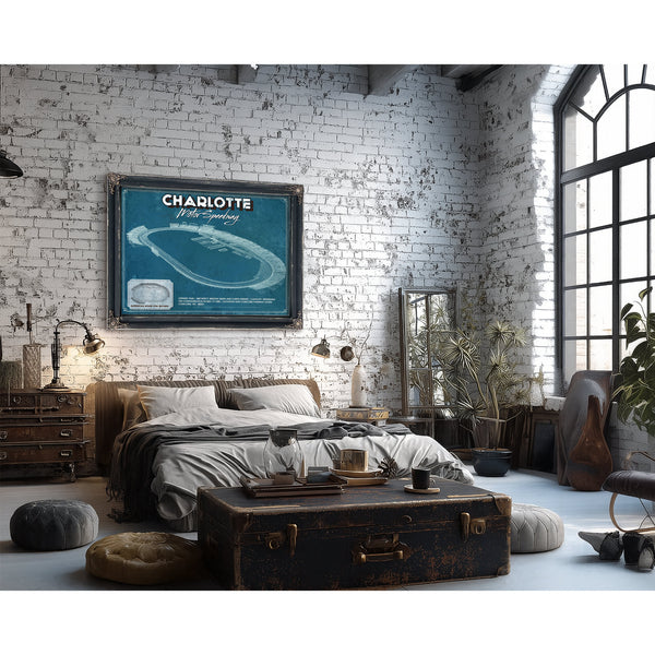 Charlotte Motor Raceway NASCAR Race Track Print framed in Vintage Black in a farmhouse entryway