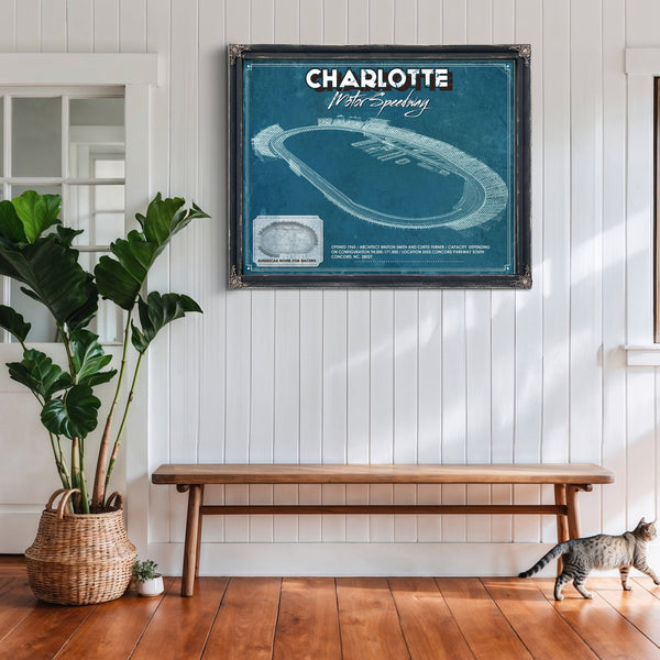 Charlotte Motor Raceway NASCAR Race Track Print framed in Vintage Black above a rustic console table