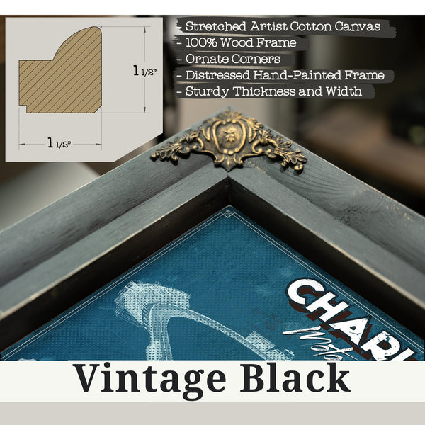 Vintage Black frame corner detail, 1.5 inch ornate wood moulding, Charlotte Motor Raceway NASCAR Race Track Print