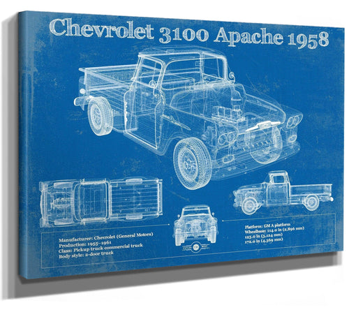14" x 11" / Stretched Canvas Wrap Cutler West Chevrolet 3100 Apache Pickup 1958 Vintage Blueprint Truck Print