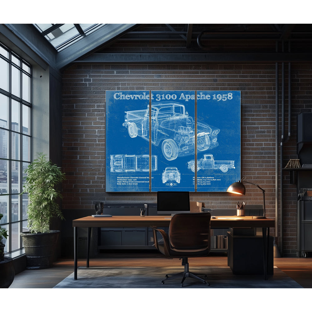 1958 Chevrolet 3100 Apache Blueprint Truck Print in a distressed Vintage Black wood frame with ornate corners