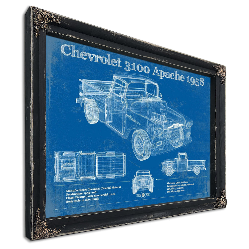 1958 Chevrolet 3100 Apache Blueprint Truck Print in a distressed Vintage Black wood frame with ornate corners