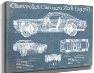 14" x 11" / Stretched Canvas Wrap Cutler West Chevrolet Camaro Z28 1976 Vintage Blueprint Auto Print