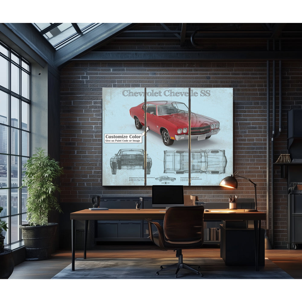 Chevrolet Chevelle SS Red Blueprint Art Print in a distressed Vintage Black wood frame with ornate corners
