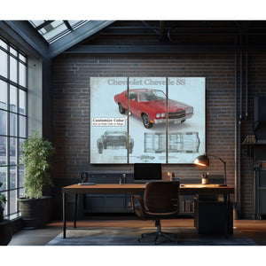 Chevrolet Chevelle SS Red Blueprint Art Print as a 3 panel canvas wrap in an industrial loft office