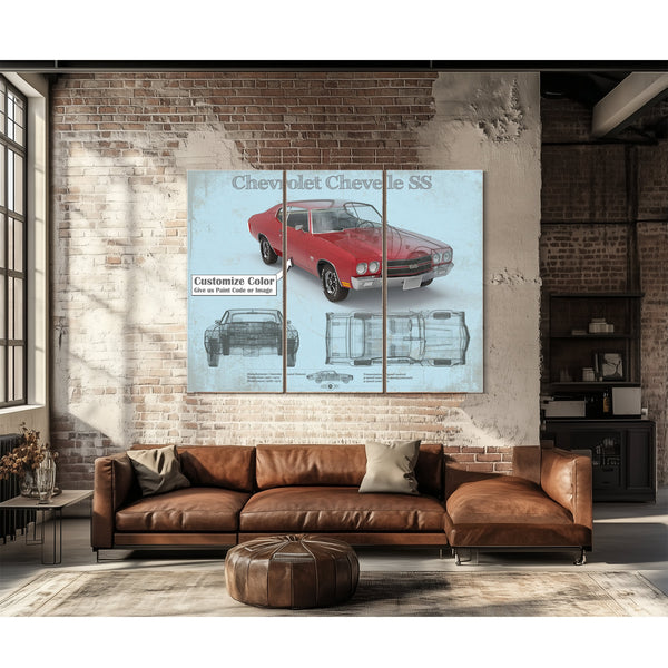Chevrolet Chevelle SS Red Blueprint Art Print as a 3 panel canvas wrap above a leather sofa