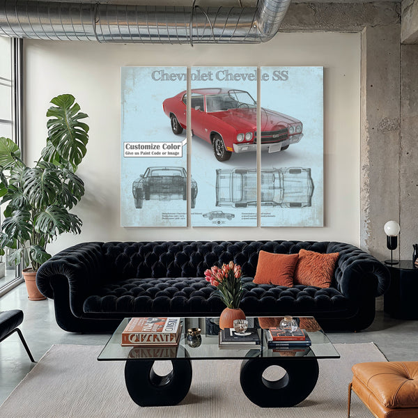Chevrolet Chevelle SS Red Blueprint Art Print as a 3 panel canvas wrap in a modern living room