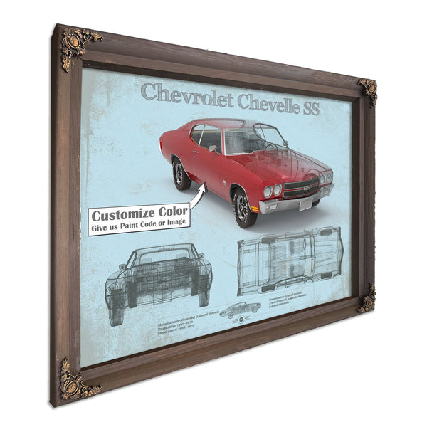Chevrolet Chevelle SS Red Blueprint Art Print in a Bourbon stained wood frame with antique gold corners