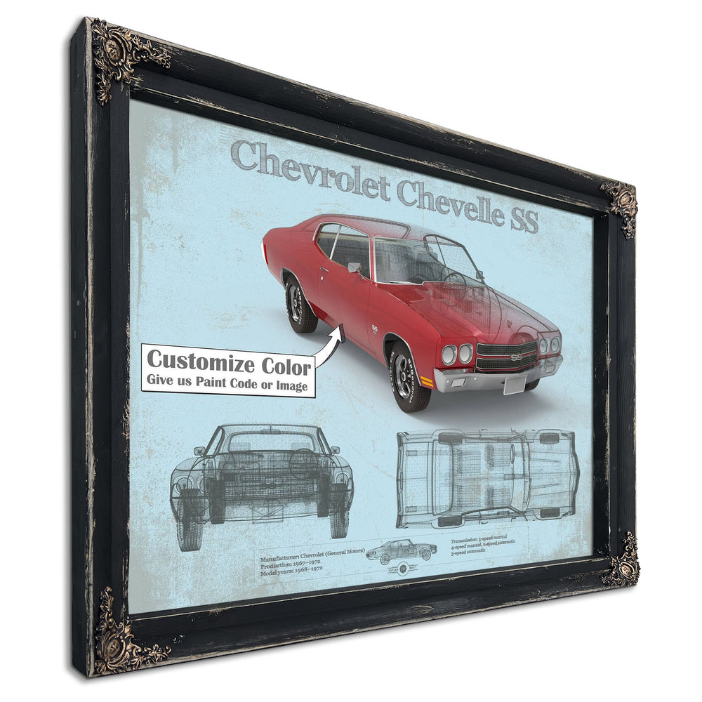 Chevrolet Chevelle SS Red Blueprint Art Print in a distressed Vintage Black wood frame with ornate corners