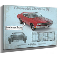Chevrolet Chevelle SS Red Blueprint Art Print as a stretched canvas wrap with gallery wrapped edges