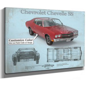 Chevrolet Chevelle SS Red Blueprint Art Print as a stretched canvas wrap with gallery wrapped edges