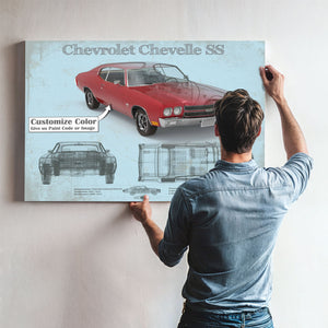 Chevrolet Chevelle SS Red Blueprint Art Print framed in Vintage Black above a mid-century record console