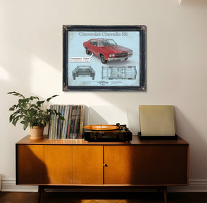 Chevrolet Chevelle SS Red Blueprint Art Print framed in Vintage Black in a loft bedroom