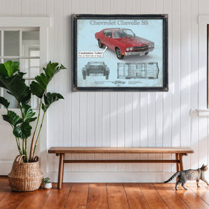 Chevrolet Chevelle SS Red Blueprint Art Print framed in Vintage Black above a rustic console table