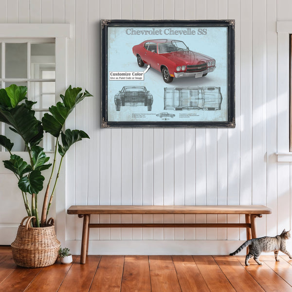 Chevrolet Chevelle SS Red Blueprint Art Print framed in Vintage Black above a rustic console table