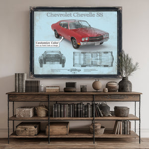 Chevrolet Chevelle SS Red Blueprint Art Print canvas print size guide 24x18 36x24 48x36 inches