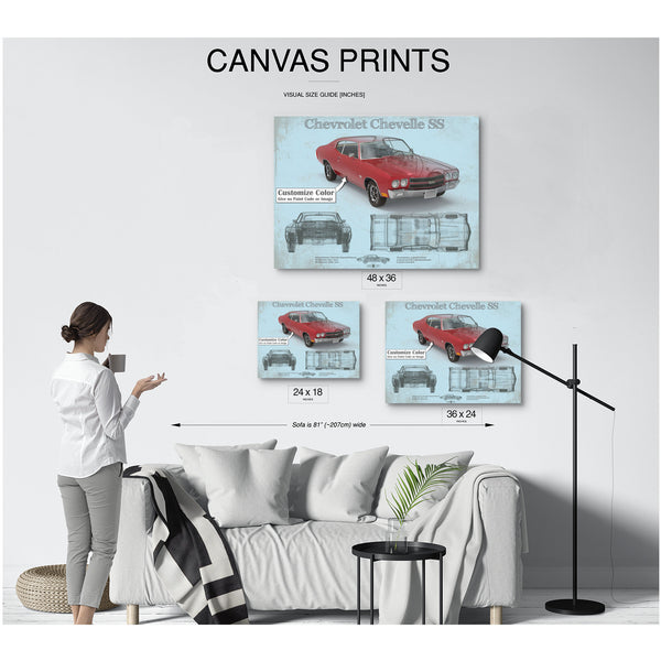Chevrolet Chevelle SS Red Blueprint Art Print displayed on a wall