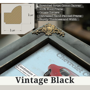 Vintage Black frame corner detail, 1.5 inch ornate wood moulding, Chevrolet Chevelle SS Red Blueprint Art Print