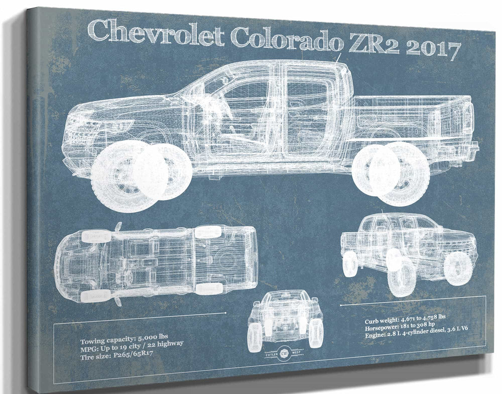 14" x 11" / Stretched Canvas Wrap Cutler West Chevrolet Colorado ZR2 2017 Vintage Blueprint Truck Print