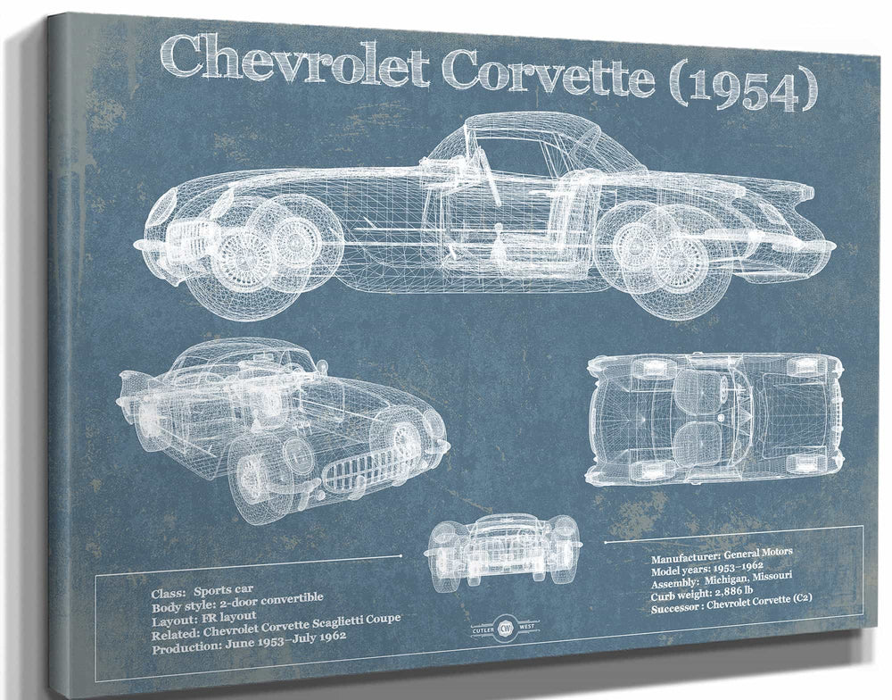 14" x 11" / Stretched Canvas Wrap Cutler West Chevrolet Corvette 1954 Vintage Blueprint Auto Print