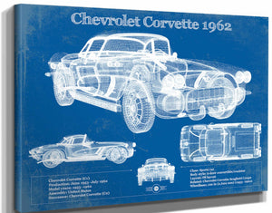 14" x 11" / Stretched Canvas Wrap Cutler West Chevrolet Corvette 1962 Blueprint Vintage Auto Print