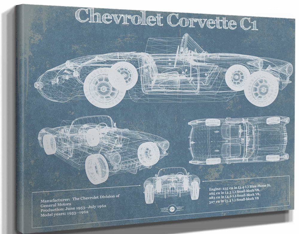14" x 11" / Stretched Canvas Wrap Cutler West Chevrolet Corvette C1 Blueprint Vintage Auto Print