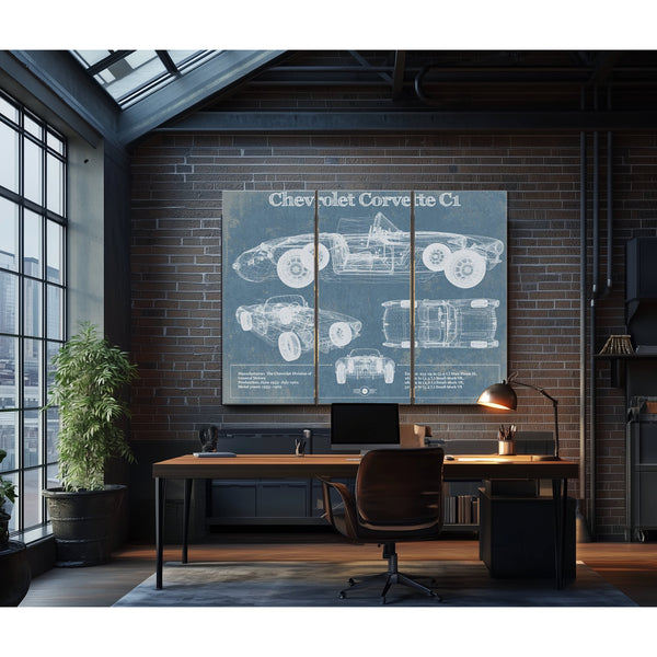 Chevrolet Corvette C1 Blueprint Art Print as a 3 panel canvas wrap in an industrial loft office